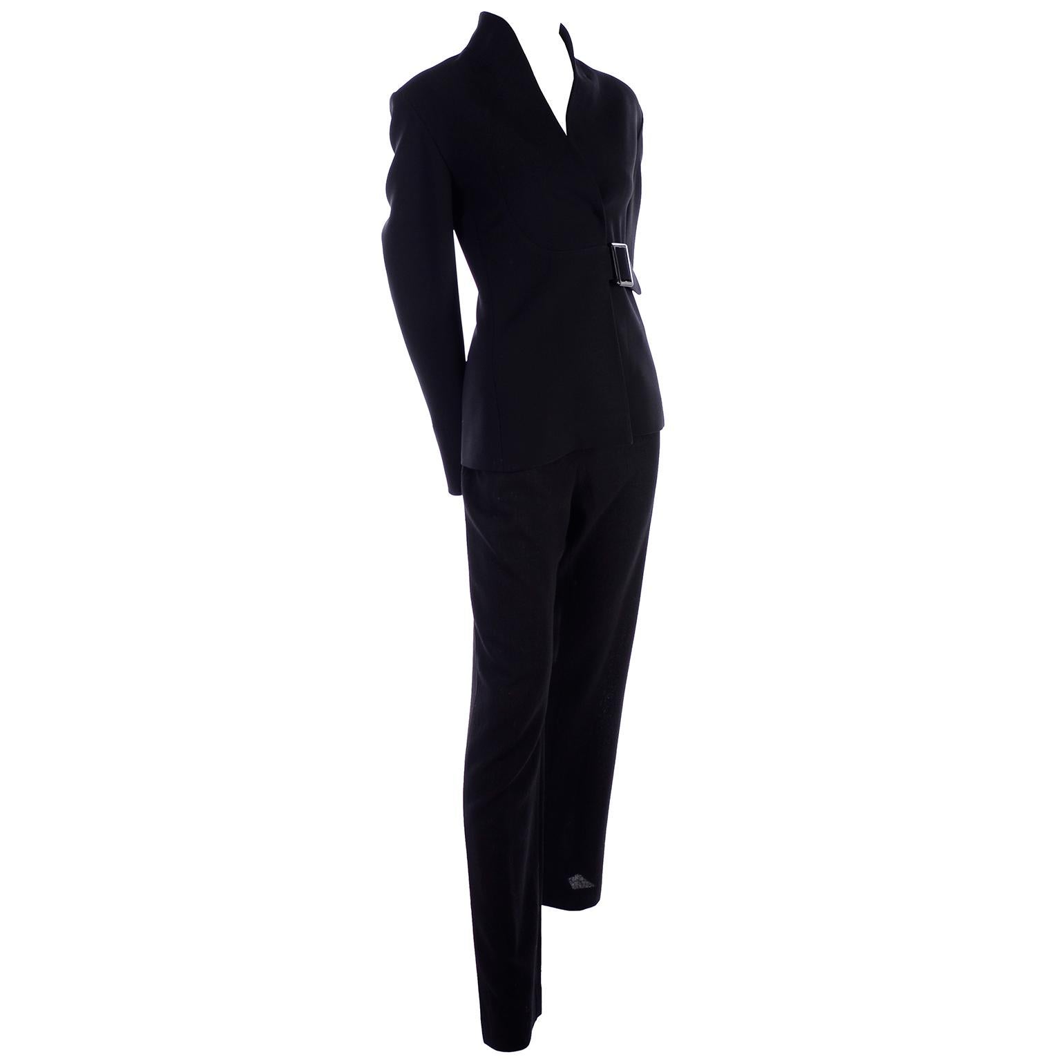 Valentino Black Crepe Trouser Pant suit With Belted Jacket Size 8